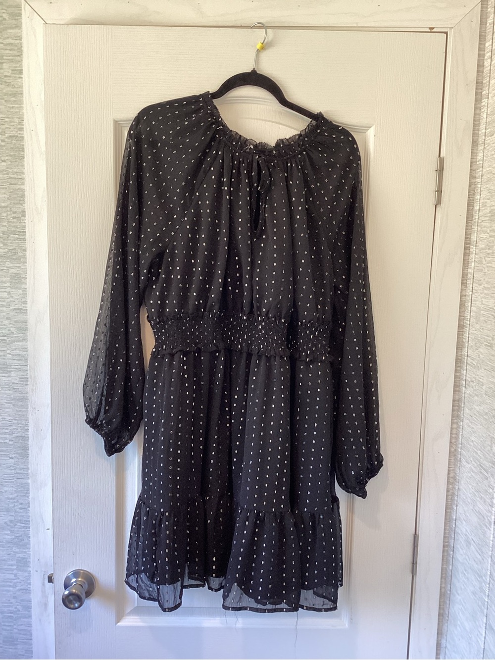 Old Navy Black Polka Dot Long Sleeve Smocked Waist Dress 2XL EUC